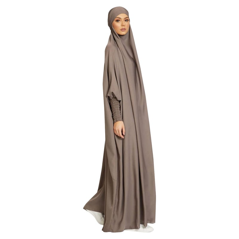 khalat Women's Solid Abaya Muslim Dress One-Piece Full Length Prayer Robe Overall Hijab Thobe Hooded Abaya Dress Grey - Image 3