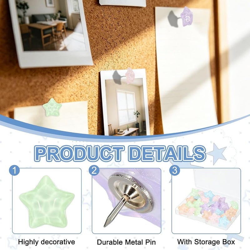 PATIKIL 2.1 x 1.7cm Star Push Pins, 20 Pcs Star Shape Thumb Tacks Cute Decorative Push Pin with Storage Box for Cork Bulletin Boards Photos Wall Maps Office, Ripple Texture Mixed Colors - Image 3