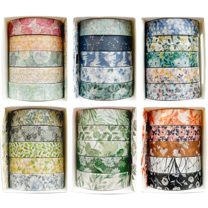 YUBX Flowers Washi Tape Set 30 Rolls Floral Patterns Decorative Skinny Slim Masking Tapes for Arts, DIY Crafts, Journals, Planners, Scrapbook, Wrapping (Greens Thrive) - Image 1