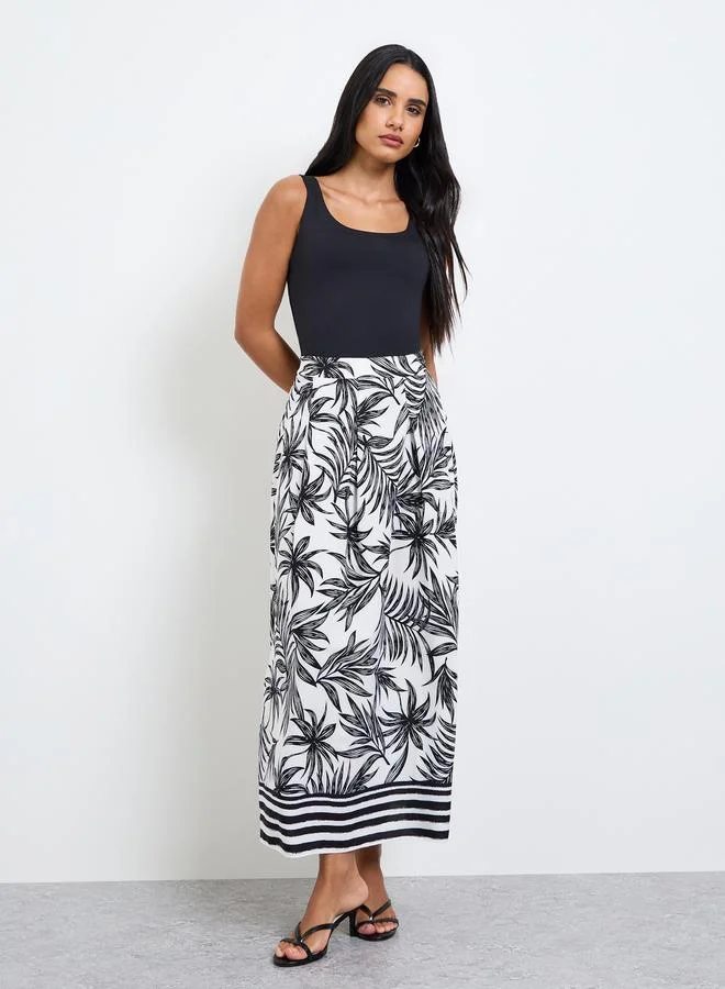 تايك تو White A-Line Midi Skirt with Palm Print