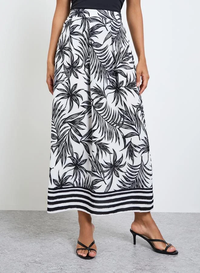تايك تو White A-Line Midi Skirt with Palm Print