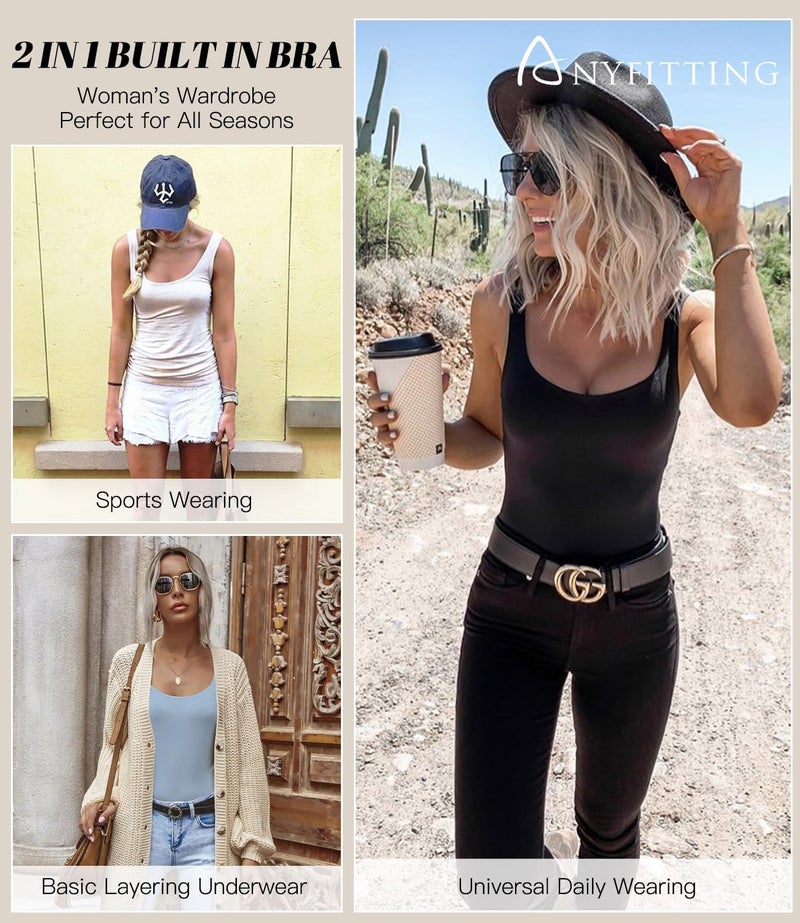 ANYFITTING Tank Tops for Women with Built in Shelf Bra Casual Wide Strap Basic Camisole Sleeveless Top for Yoga Daily Wearing Black L - Image 5