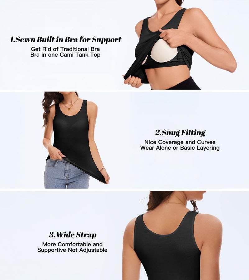 ANYFITTING Tank Tops for Women with Built in Shelf Bra Casual Wide Strap Basic Camisole Sleeveless Top for Yoga Daily Wearing Black L - Image 3