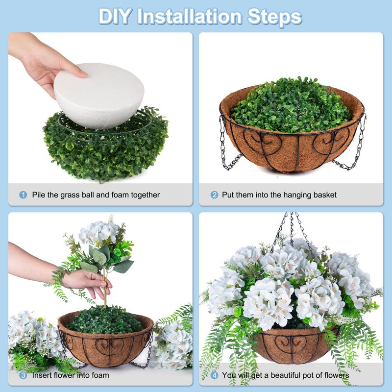 Ammyoo Artificial Flowers in Hanging Basket Planter for Home Spring Summer Decoration, Silk Hydrangea Outdoor Indoor Arrangements, 12" Metal Coconut Lining Basket with Faux Plant(Light Green) - Image 3