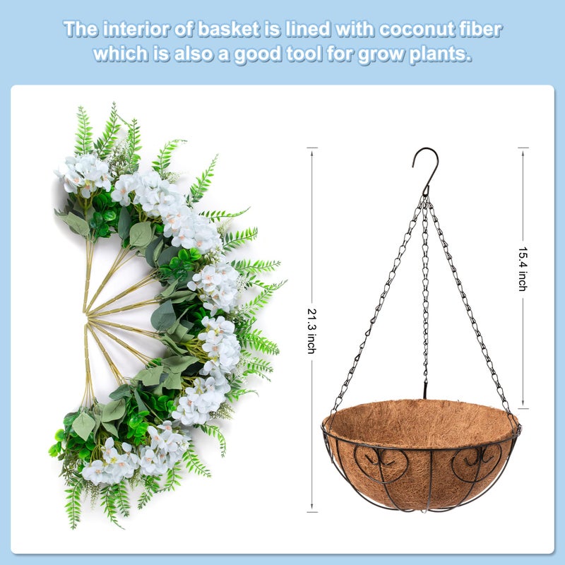 Ammyoo Artificial Flowers in Hanging Basket Planter for Home Spring Summer Decoration, Silk Hydrangea Outdoor Indoor Arrangements, 12" Metal Coconut Lining Basket with Faux Plant(Light Green) - Image 2