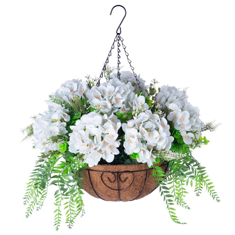 Ammyoo Artificial Flowers in Hanging Basket Planter for Home Spring Summer Decoration, Silk Hydrangea Outdoor Indoor Arrangements, 12" Metal Coconut Lining Basket with Faux Plant(Light Green) - Image 1