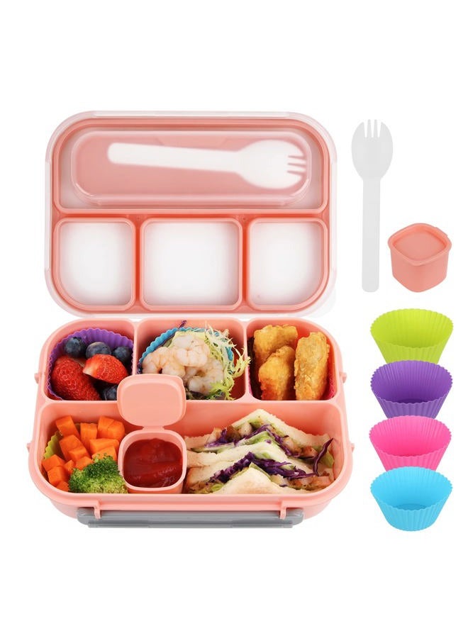 MaMix Bento Box Adult Lunch Box, Lunch Box Kids,Lunch Containers for Adults/Kids/Toddler,1300ML-4 Compartment Bento Lunch Box,with Accessories 4 Pcs Reusable Silicone Cups (Pink) - Image 1
