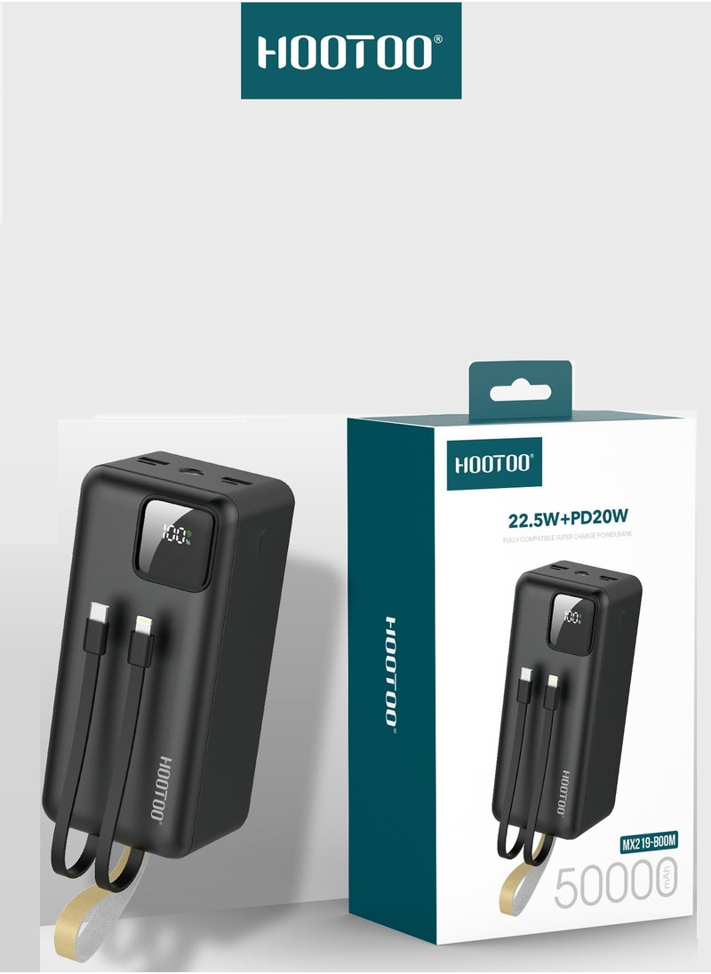 باور بنك بسعة 50000mAh بثلاث مخارج أثنان من النوع USB-A ومخرج من النوع USB-C ومدخل شحن مايكرو ,كبلان مدمجان ,شاشة عرض رقمية ,دعم لشحن السريع بقوة 22.5 واط مع أضاء فلاش LED ,وحزام مدمج لحمله. أسود