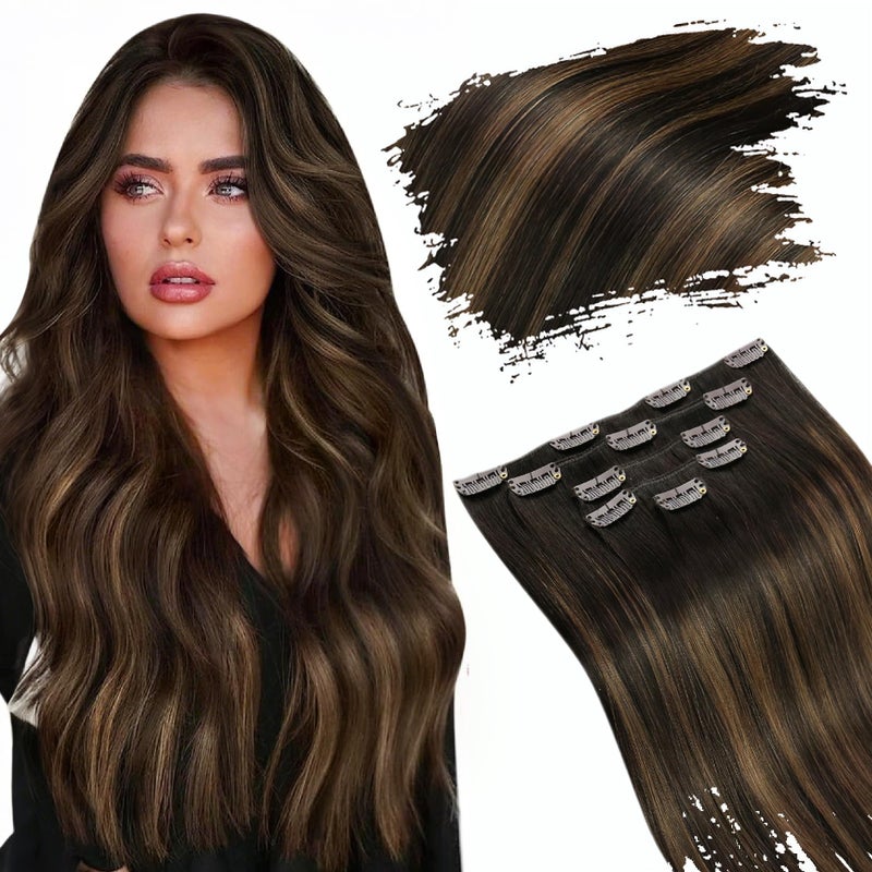 Ugeat 12 Inch Short Clip in Extensions Real Human Hair Brunette Hair Extensions Clip ins Balayage Darkest Brown Mix Medium Brown Double Weft Remy Softness for Women 5pcs 85g