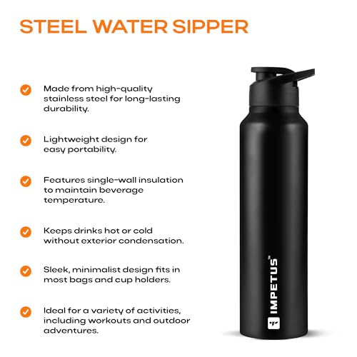 IMPETUS Stainless Steel Water Bottle Sipper 1L (1000ml) Leakproof, Rust free metal bottle & Lightweight Best use for Gym, Office, School, Travel & Fridge– Black - Image 4