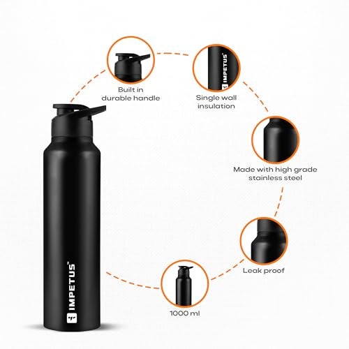 IMPETUS Stainless Steel Water Bottle Sipper 1L (1000ml) Leakproof, Rust free metal bottle & Lightweight Best use for Gym, Office, School, Travel & Fridge– Black - Image 2