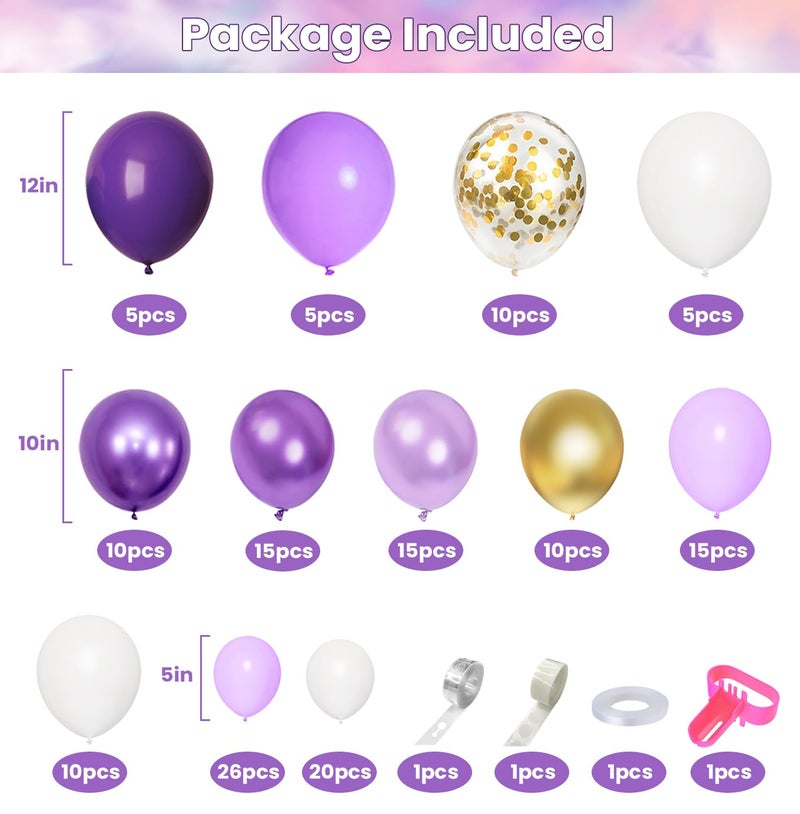 Amandir 150Pcs Purple Balloons Garland Arch Kit, Light Pastel Purple Gold White Confetti Latex Metallic Balloons for Women Birthday Baby Shower Wedding Party Decorations Supplies - Image 2