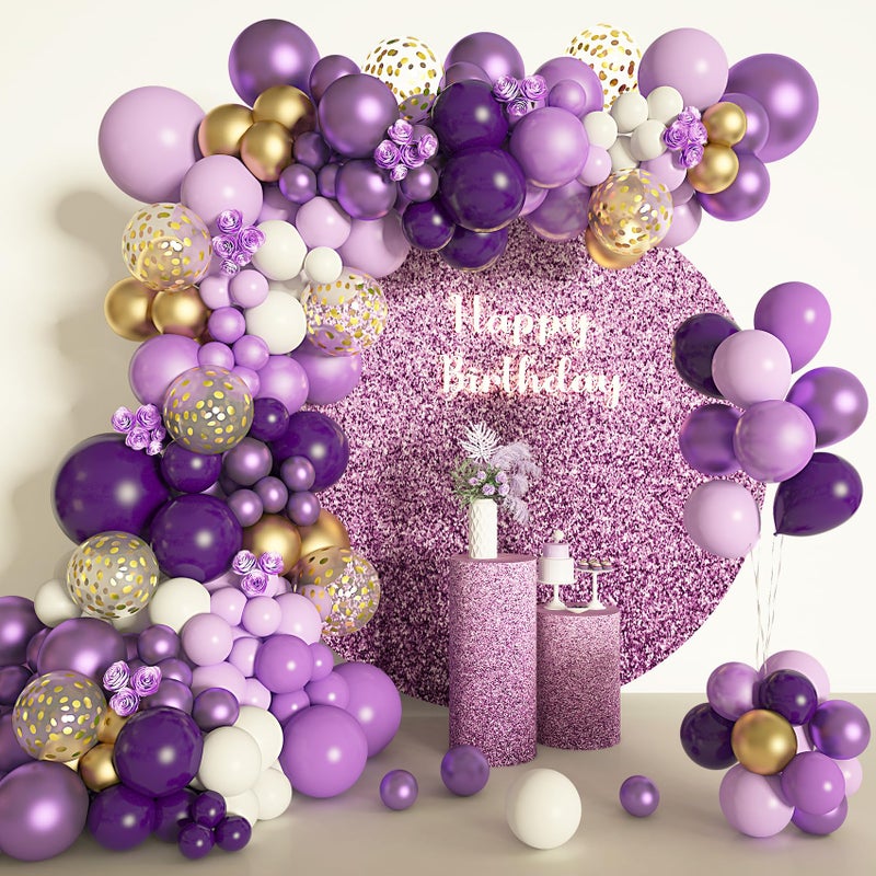 Amandir 150Pcs Purple Balloons Garland Arch Kit, Light Pastel Purple Gold White Confetti Latex Metallic Balloons for Women Birthday Baby Shower Wedding Party Decorations Supplies - Image 1