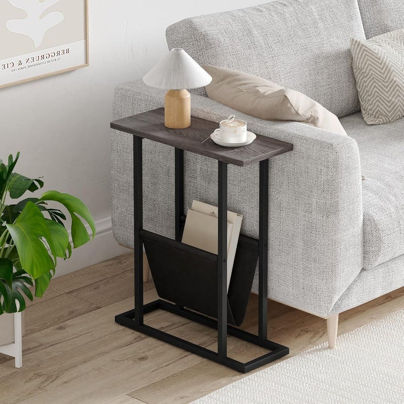 Furnelift Narrow Side Table for Livingroom Decor Wooden Side Table for Sofa H Shape Side Table with Storage Bedside Table for Bedroom Table with Magzine Bag Holder Black Grey