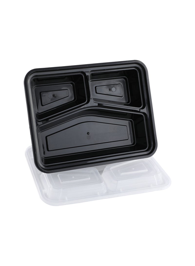 Richoos Disposable Bento Meal Prep Containers, 3-Compartment Black Rectangular Base with Clear Lids, 50-Pack – Microwave & Freezer Safe, Perfect for Portion Control and Food Storage - Image 1