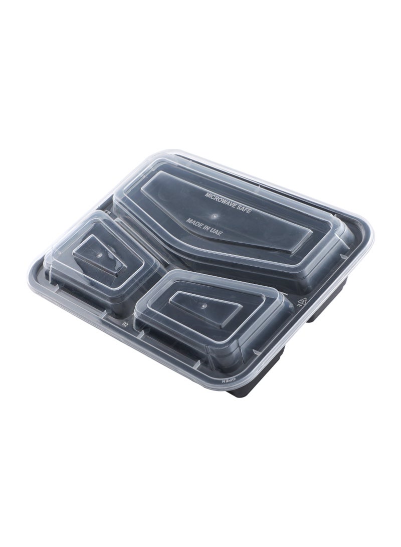 Richoos Disposable Bento Meal Prep Containers, 3-Compartment Black Rectangular Base with Clear Lids, 50-Pack – Microwave & Freezer Safe, Perfect for Portion Control and Food Storage - Image 2