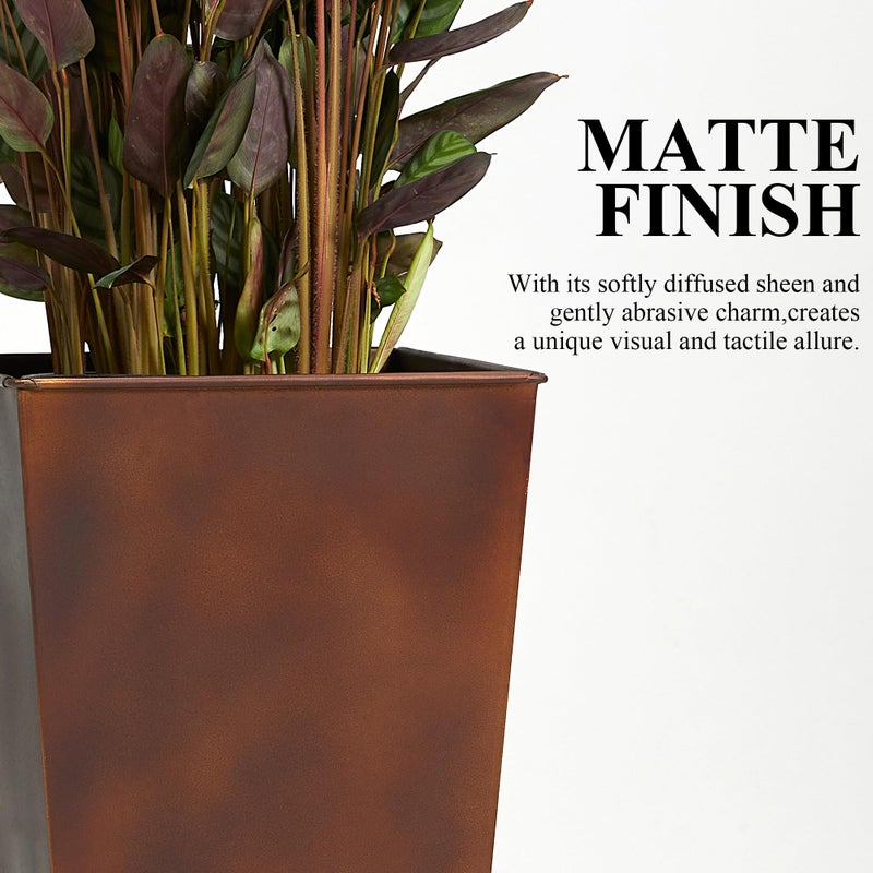 Worth Garden Large Metal Planter Set of 2 (25" & 28" H.), Matte Bronze Retro Finish Tall Square Tapered Steel Plant Pots, Decor Flower Pot Indoor & Outdoor, Drainage Hole & Dual-Purpose Plant Saucer - Image 2