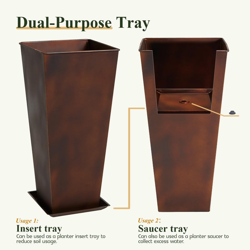 Worth Garden Large Metal Planter Set of 2 (25" & 28" H.), Matte Bronze Retro Finish Tall Square Tapered Steel Plant Pots, Decor Flower Pot Indoor & Outdoor, Drainage Hole & Dual-Purpose Plant Saucer - Image 3