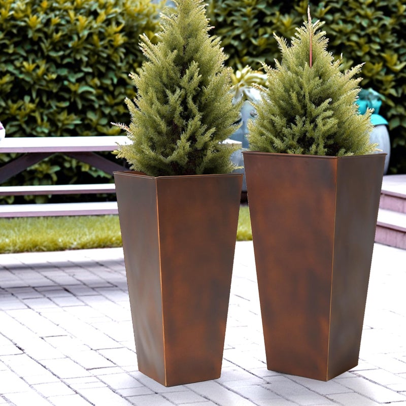Worth Garden Large Metal Planter Set of 2 (25" & 28" H.), Matte Bronze Retro Finish Tall Square Tapered Steel Plant Pots, Decor Flower Pot Indoor & Outdoor, Drainage Hole & Dual-Purpose Plant Saucer - Image 4
