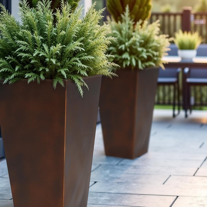 Worth Garden Large Metal Planter Set of 2 (25" & 28" H.), Matte Bronze Retro Finish Tall Square Tapered Steel Plant Pots, Decor Flower Pot Indoor & Outdoor, Drainage Hole & Dual-Purpose Plant Saucer - Image 5