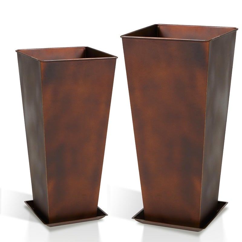 Worth Garden Large Metal Planter Set of 2 (25" & 28" H.), Matte Bronze Retro Finish Tall Square Tapered Steel Plant Pots, Decor Flower Pot Indoor & Outdoor, Drainage Hole & Dual-Purpose Plant Saucer - Image 1