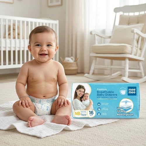 Mee Mee Premium Breathable Baby Tape Diapers (NB, 16 pcs) | Skin-Friendly Super Absorbent Cotton-Soft Diapers with Wetness Indicator | Newborn 0–2 Years - Image 1