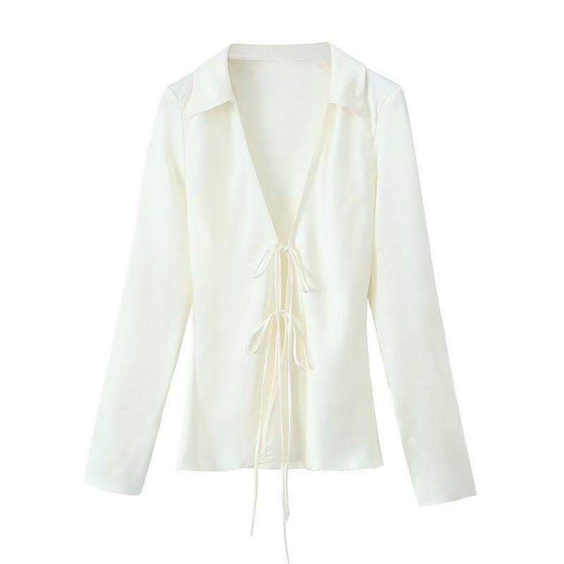 2024 Spring Satin Bow Tie Blouse White