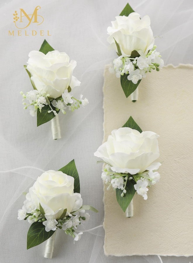 Meldel Boutonniere for Men Wedding, Set of 6, Groom and Best Man Corsage with Silk White Rose Baby's Breath, Perfect for Engagement Wedding Ceremony Anniversary Formal Dinner Party - Image 3