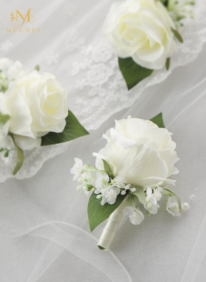 Meldel Boutonniere for Men Wedding, Set of 6, Groom and Best Man Corsage with Silk White Rose Baby's Breath, Perfect for Engagement Wedding Ceremony Anniversary Formal Dinner Party - Image 4