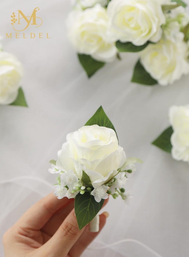 Meldel Boutonniere for Men Wedding, Set of 6, Groom and Best Man Corsage with Silk White Rose Baby's Breath, Perfect for Engagement Wedding Ceremony Anniversary Formal Dinner Party - Image 5
