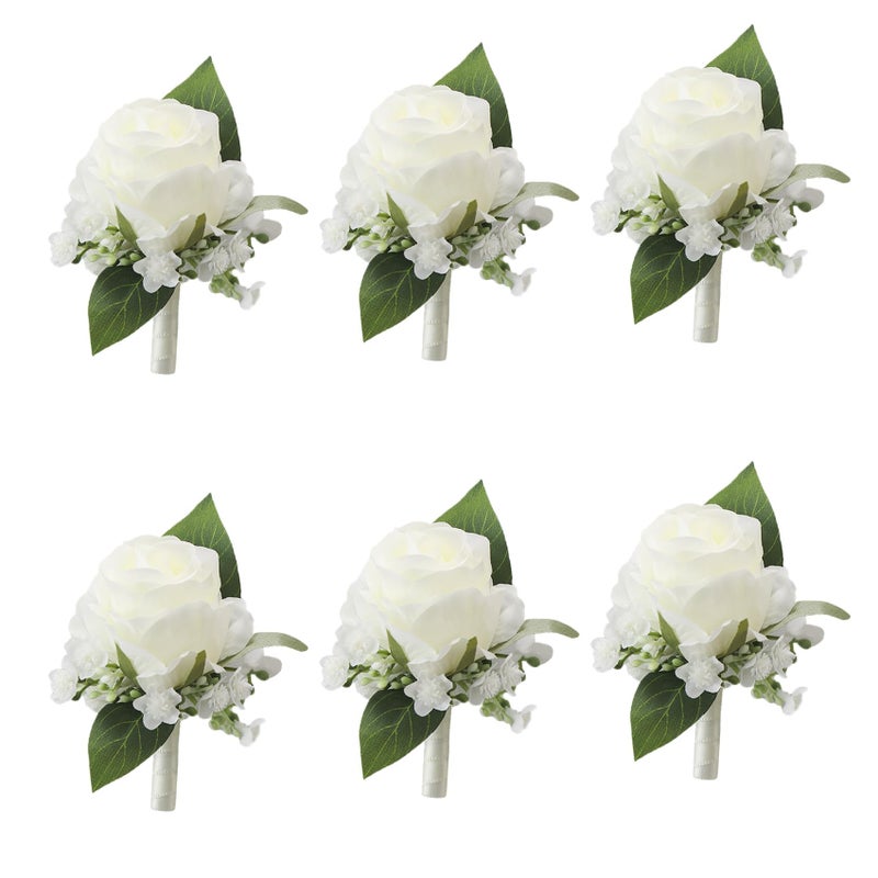 Meldel Boutonniere for Men Wedding, Set of 6, Groom and Best Man Corsage with Silk White Rose Baby's Breath, Perfect for Engagement Wedding Ceremony Anniversary Formal Dinner Party - Image 1