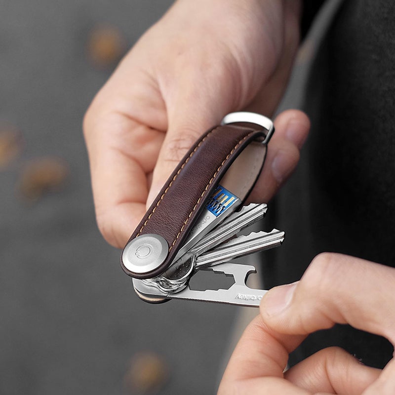 Orbitkey Orbitkey Leather Key Organizer | Durable, Stainless Steel Locking Mechanism, Slim & Quiet Profile | Holds up to 7 Keys, Espresso with Brown Stitching  - Image 3