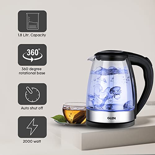Glen Glass Electric Kettle 1.8L, 2000W, with Auto Shut-off, 360° Rotational Base, Boil Dry Protection, Easy to Clean, Level Gauge, Blue Light, for Tea & Hot Water (9012) - Image 5