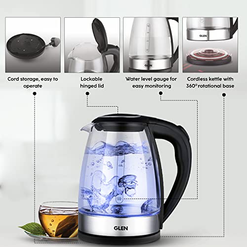 Glen Glass Electric Kettle 1.8L, 2000W, with Auto Shut-off, 360° Rotational Base, Boil Dry Protection, Easy to Clean, Level Gauge, Blue Light, for Tea & Hot Water (9012) - Image 4