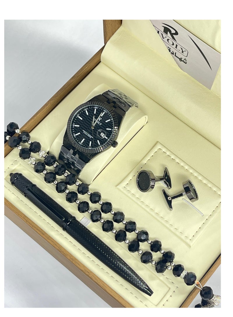 RR Men's stainless steel set consisting of a watch, a rosary, a pen and cufflinks