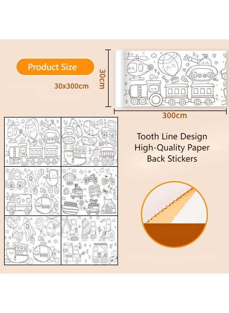 Bebiland - Children's Drawing Roll, Coloring Paper Roll for Kids, Drawing Paper Roll DIY Sticky Color Filling Paper, 11.8 * 118 Inches Sticky Drawing Paper Roll (Car collection) - Image 1