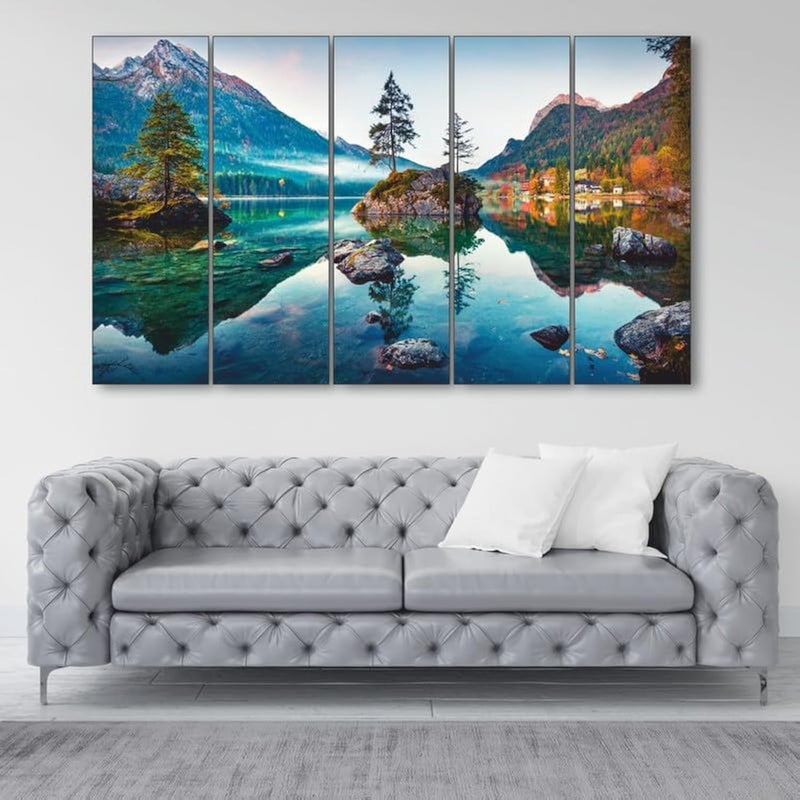 The Castle DecorBeautiful Autumn scene of Hintersee Art Set of 5 Big Size 27x48 Multiple Frames Wall Art Painting for living roomBedroomDrawing roomHotelsWooden FramedDigital Painting