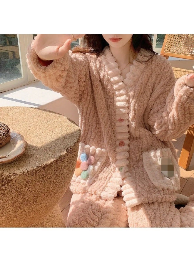 Rainbow Cardigan Two-Piece Set for Women - Winter Coral Fleece Pajama Set