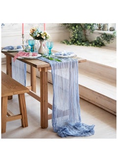 DELGREEN 90 x 400 cm Table Runner,  Blue Boho Gauze Table Runner for Wedding Bridal Baby Shower Birthday Party Table Decoration Table Runner  - Image 1