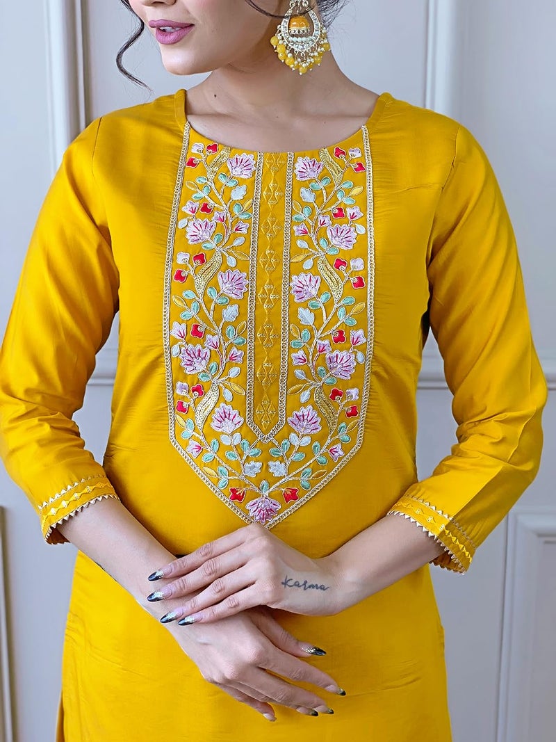Naixa Women's Rayon Embroidered Straight Kurta with Pant and Dupatta Sets (NX-506-Yellow-5XL) - Image 3