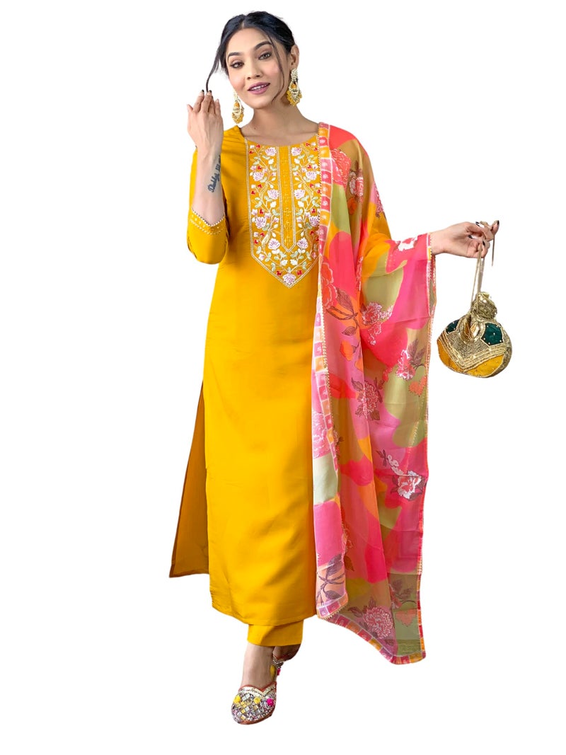 Naixa Women's Rayon Embroidered Straight Kurta with Pant and Dupatta Sets (NX-506-Yellow-5XL) - Image 1