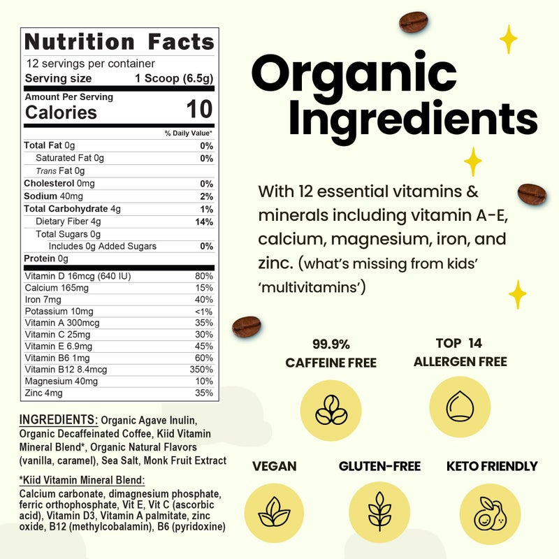 kiid Coffee - 99.9% Caffeine-Free Organic Coffee for Kids - As Seen on Shark Tank - 12 Vitamins & Minerals, 4g Prebiotics, 0g Sugar - Non-GMO & Gluten-Free - Healthy Snack - Caramel - 12 Servings - Image 4