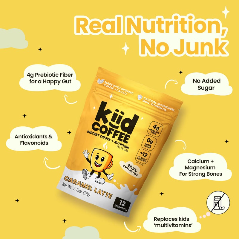 kiid Coffee - 99.9% Caffeine-Free Organic Coffee for Kids - As Seen on Shark Tank - 12 Vitamins & Minerals, 4g Prebiotics, 0g Sugar - Non-GMO & Gluten-Free - Healthy Snack - Caramel - 12 Servings - Image 2