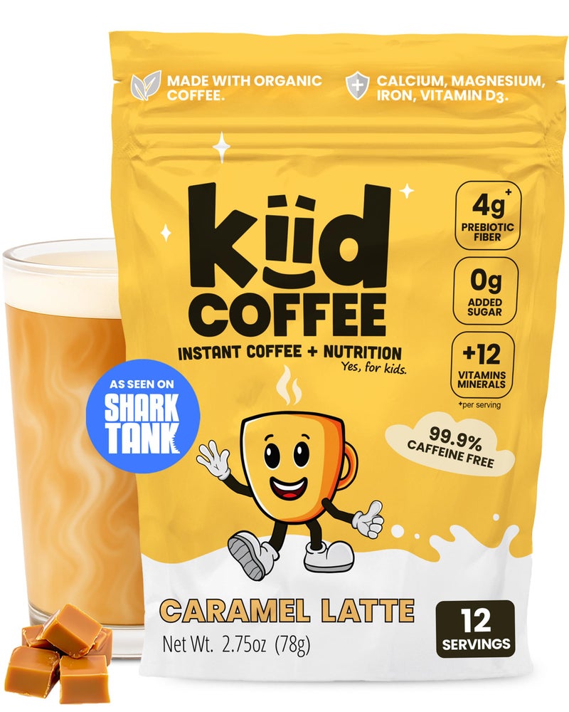 kiid Coffee - 99.9% Caffeine-Free Organic Coffee for Kids - As Seen on Shark Tank - 12 Vitamins & Minerals, 4g Prebiotics, 0g Sugar - Non-GMO & Gluten-Free - Healthy Snack - Caramel - 12 Servings - Image 1