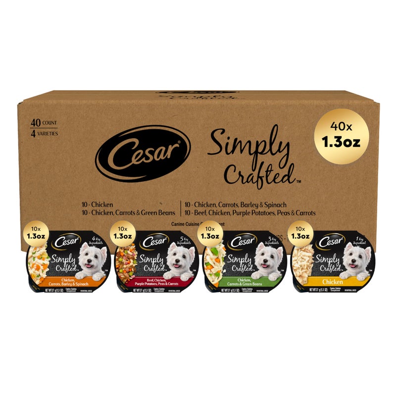 Cesar Simply Crafted Wet Dog Food Toppers for Dry Food, Chicken and Beef Meal Topper Variety Pack, 1.3 oz. Tubs, Variety Pack, 40 Count - Image 1