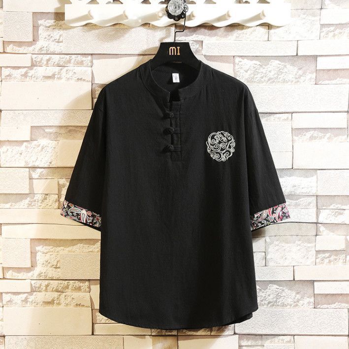 Trendy Brand Summer Chinese Style Linen Short-sleeved T-shirt Men's Trendy Youth Half-sleeved Thin Men's Cotton and Linen Base Shirt - Image 3