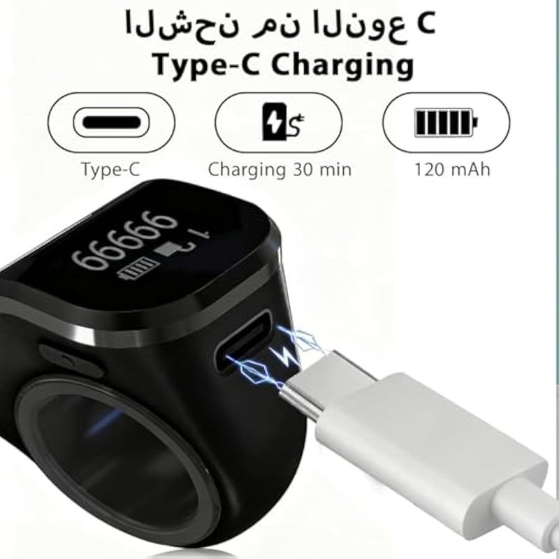 أنكوفو خاتم تسبيح ذكي للمسلمين، خاتم تذكير الكتروني قابل للتعديل بتوقيت قابل للتعديل، شاشة اوليد قابلة للارتداء، عداد اصابع محمول باليد، كابل نوع C، عدد رياضي، اسود - Image 3