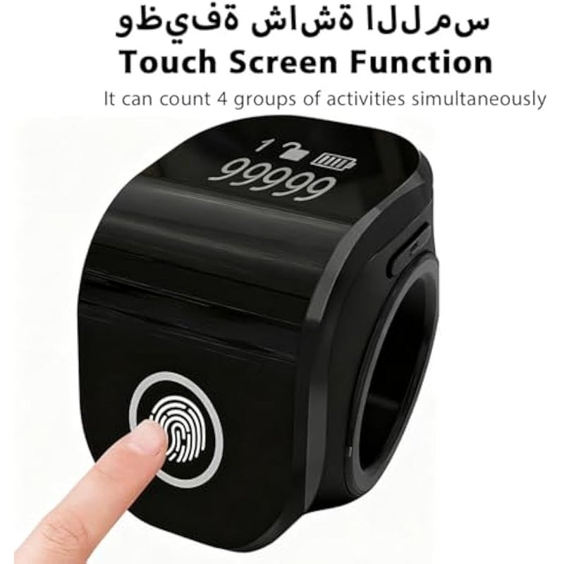 أنكوفو خاتم تسبيح ذكي للمسلمين، خاتم تذكير الكتروني قابل للتعديل بتوقيت قابل للتعديل، شاشة اوليد قابلة للارتداء، عداد اصابع محمول باليد، كابل نوع C، عدد رياضي، اسود - Image 2