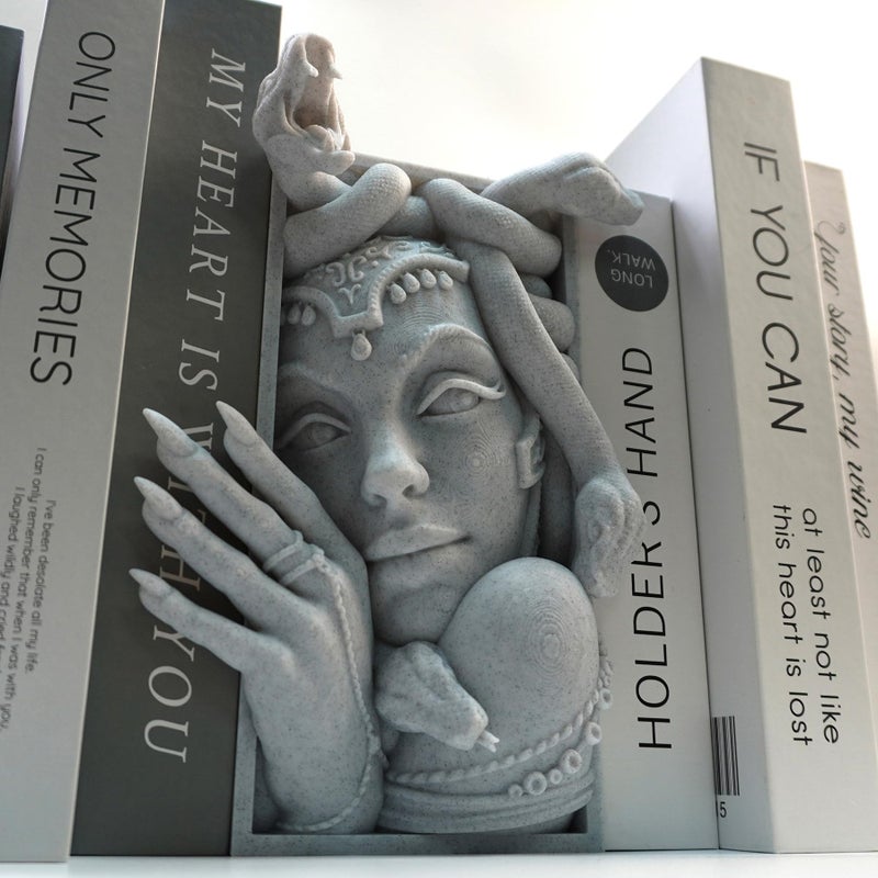 LuckyVin Medusa 3D Printed Decorative Bookend Lightweight Durable Book Shelf Accessories for Friends Stylish Bookend Ideal Home Decor Essential for Book Lovers (Grey Medusa) - Image 1