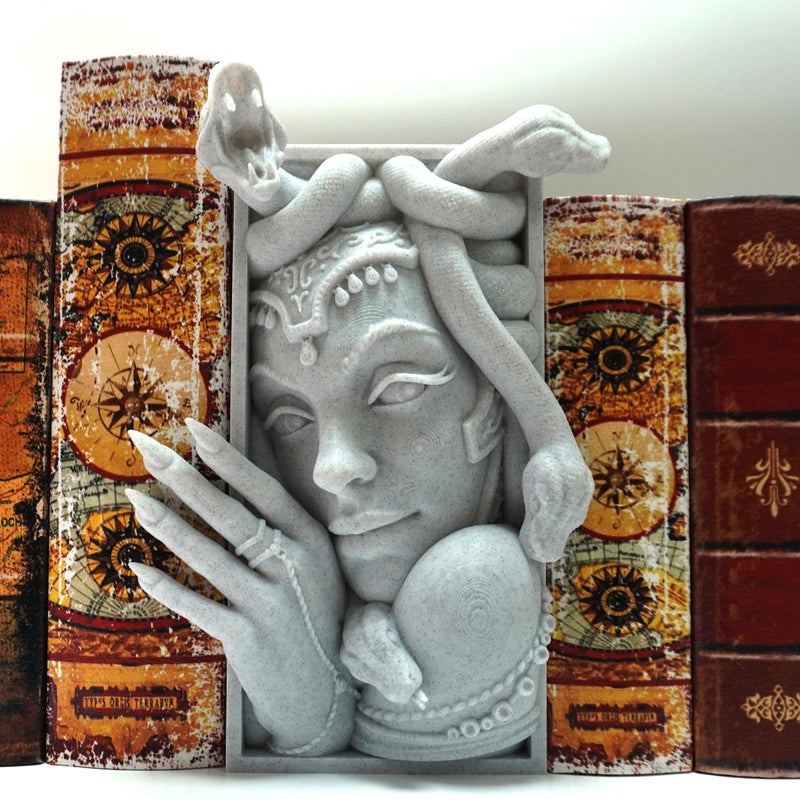 LuckyVin Medusa 3D Printed Decorative Bookend Lightweight Durable Book Shelf Accessories for Friends Stylish Bookend Ideal Home Decor Essential for Book Lovers (Grey Medusa) - Image 2